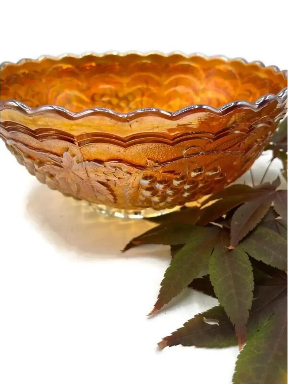 1920s Imperial Carnival Glass Bowl: Marigold Grapes & Leaves, Autumn Decor
